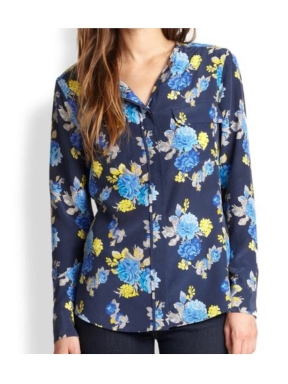Equipment Women’s Sz S Blue Floral Silk Blouse Lynn Button Front Shirt Top